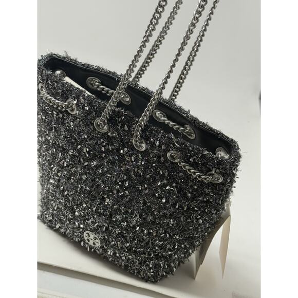 Tory Burch Will Metallic Tweed Small Drawstring Cross body Black chain bag - Picture 5 of 6